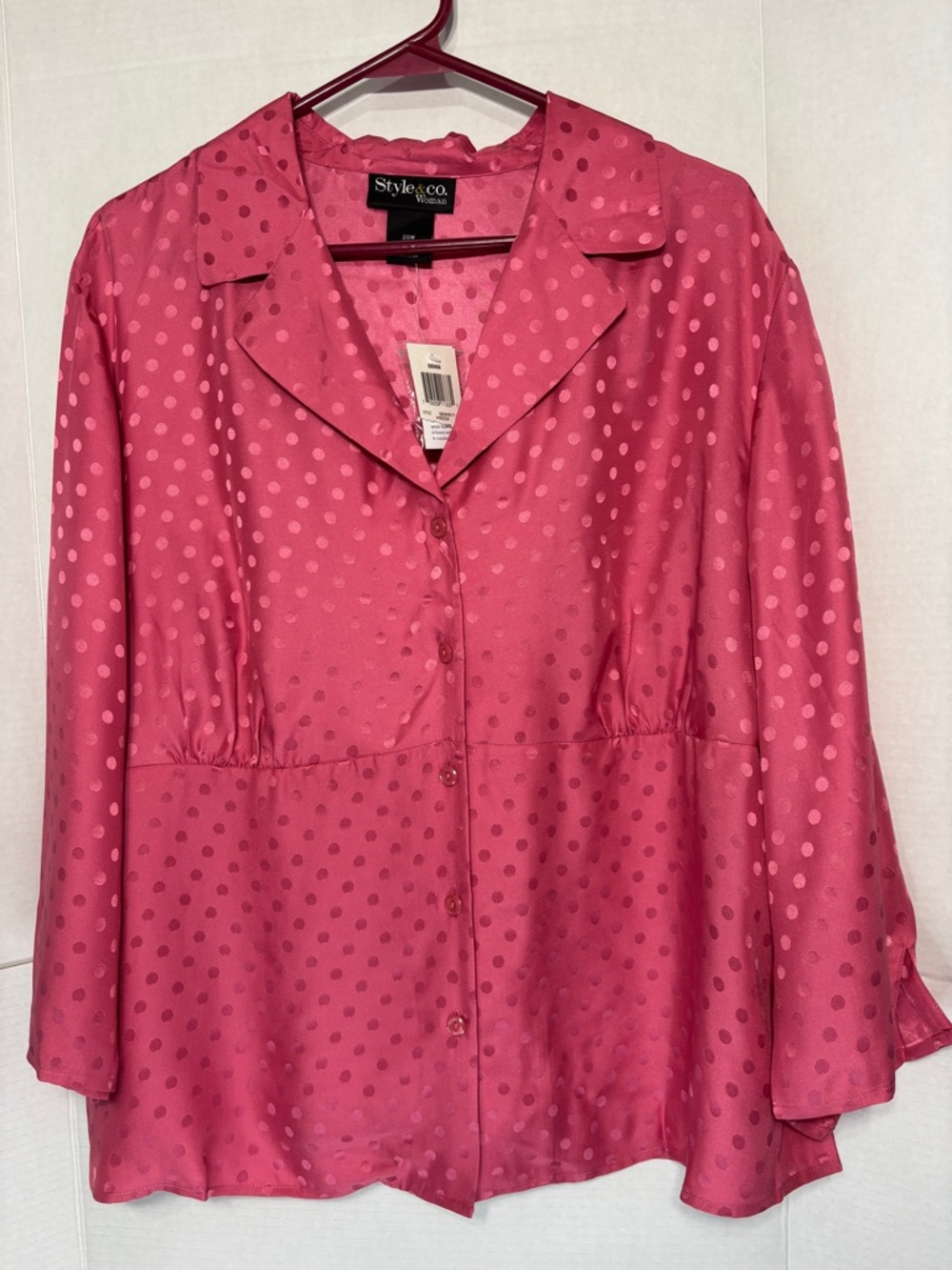 Style & Co. Raspberry Pink Polka Dot 100% Silk Button-Front Blouse Old Money